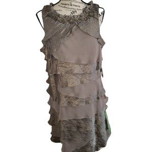 S.L. Fashion Stone colored Jeweled & Ruffle Neckline Tiered Cocktail Dress - NEW